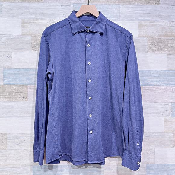 Ermenegildo Zegna Cotton Pique Sport Shirt Blue Stretch Casual Career Mens Large